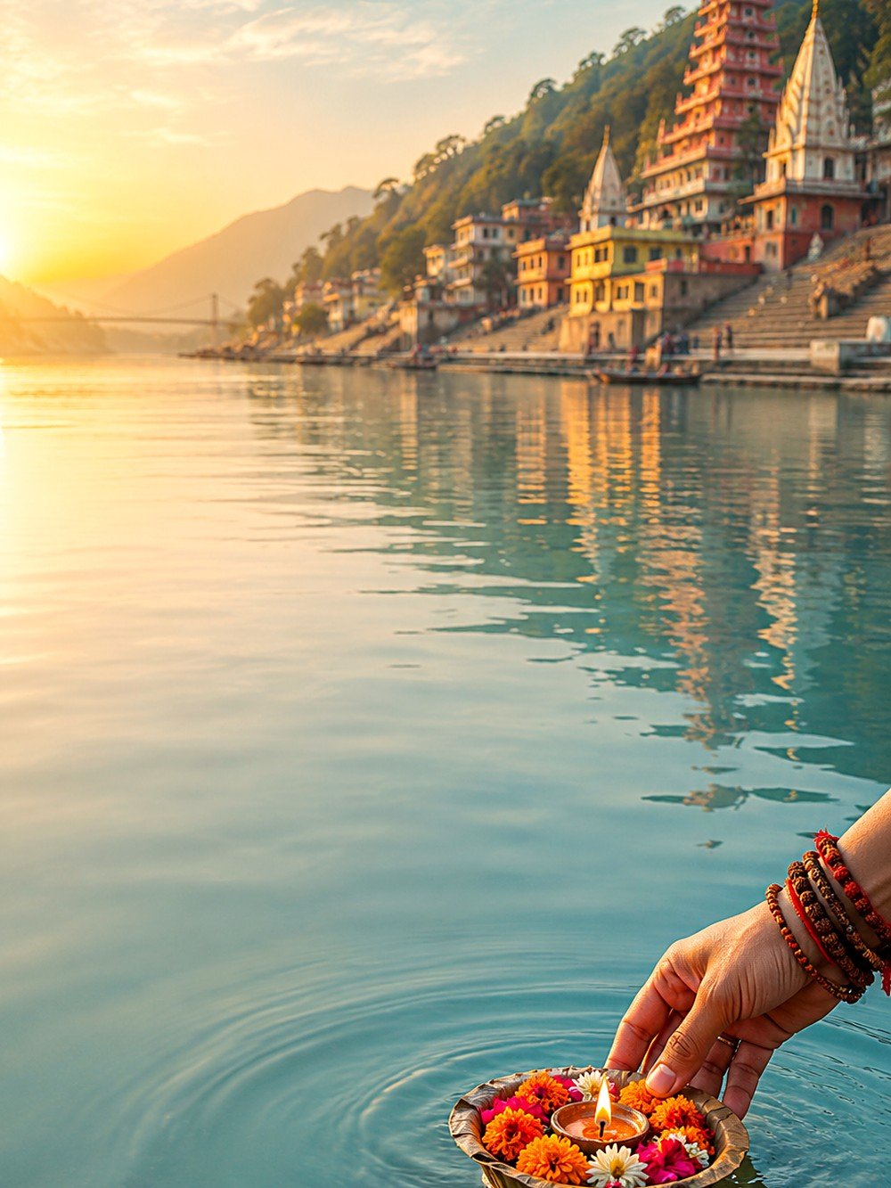 Oferenda de flores ao amanhecer no rio Ganges, em Rishikesh, Índia